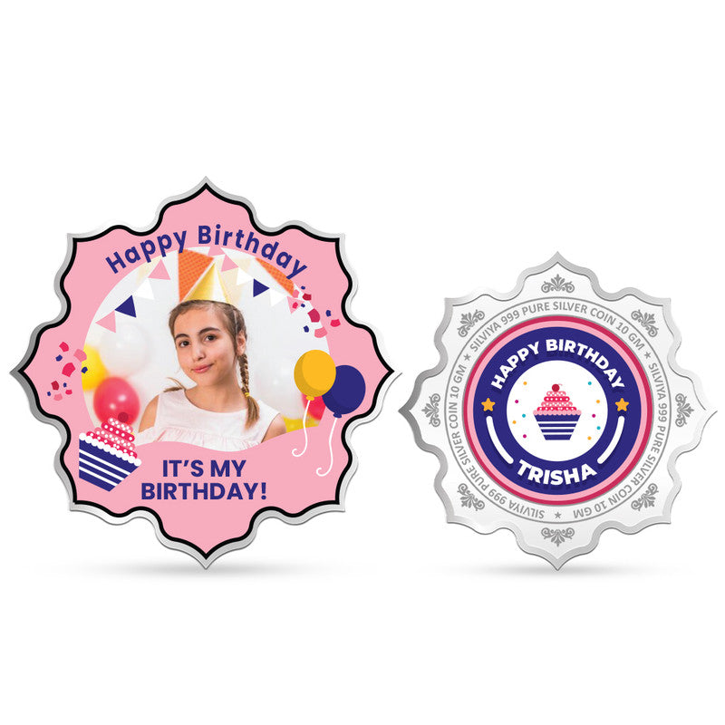 Front and backside of lotus-shaped 999 pure silver custom birthday keepsake coin.