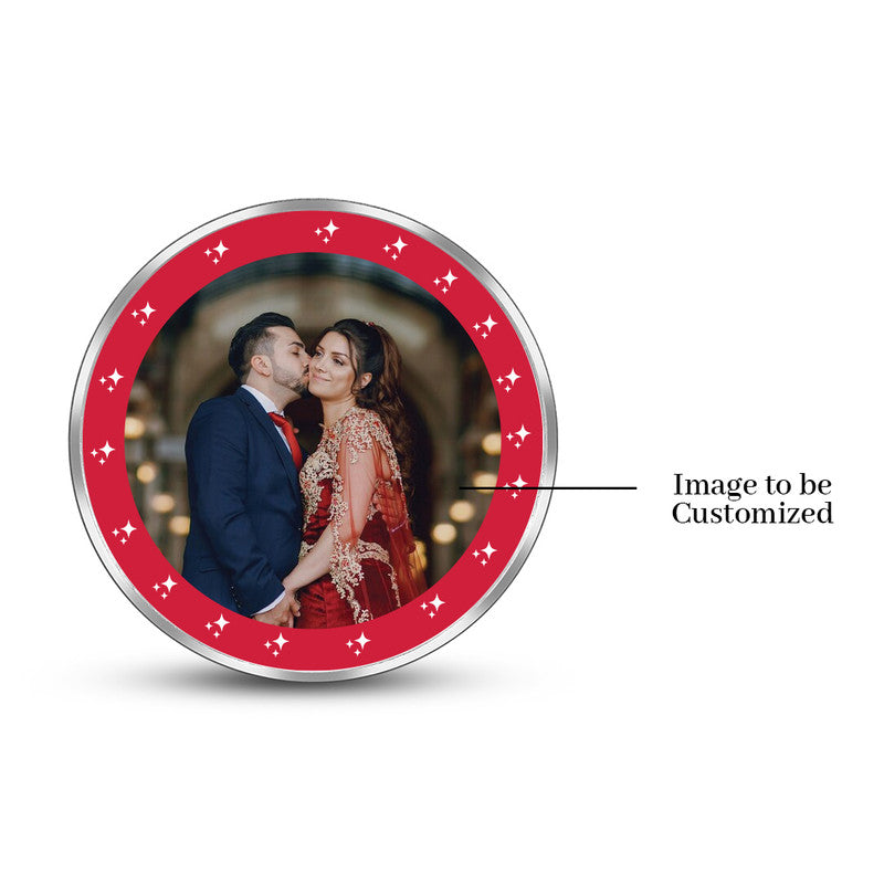 Round 999 pure silver personalized wedding coin featuring couple photo in red premium decorative frame.