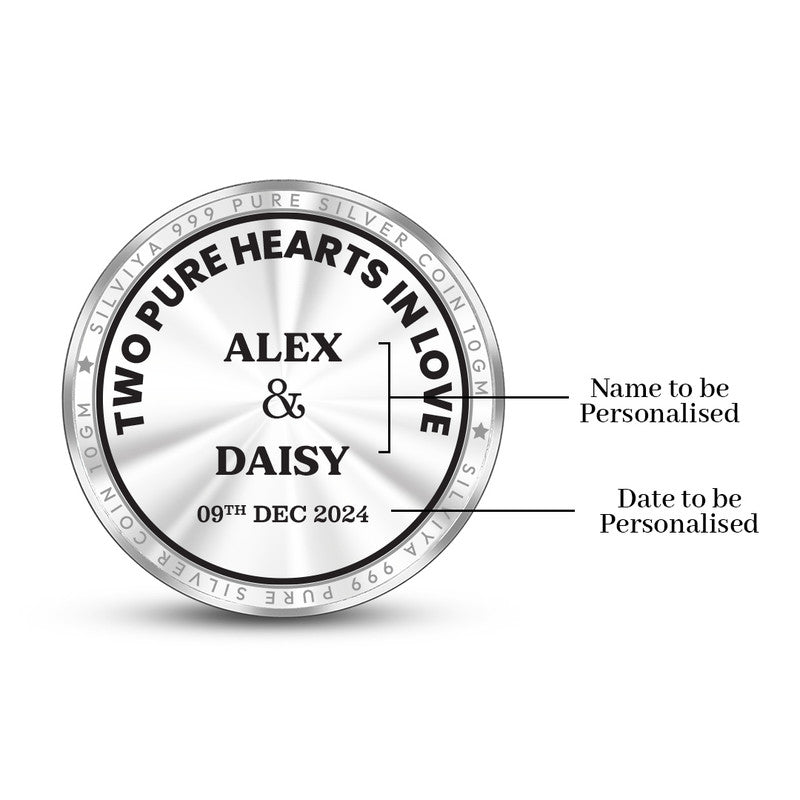 Back side of personalized 999 pure silver round coin with wedding message and heart design.