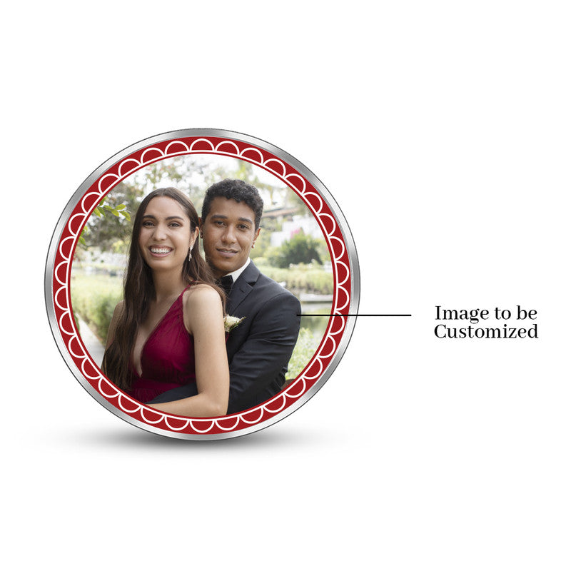 999 pure silver personalized round wedding coin featuring couple photo in red dazzling decorative frame.