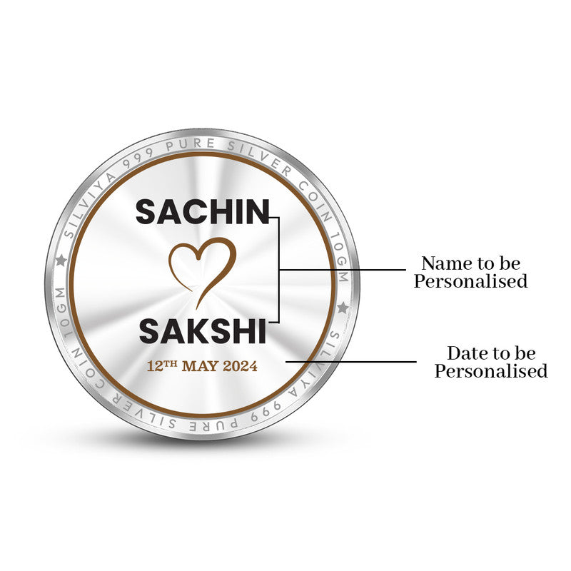 Pure silver 999 personalized wedding coin with couple’s photo — premium customized silver gift backside.