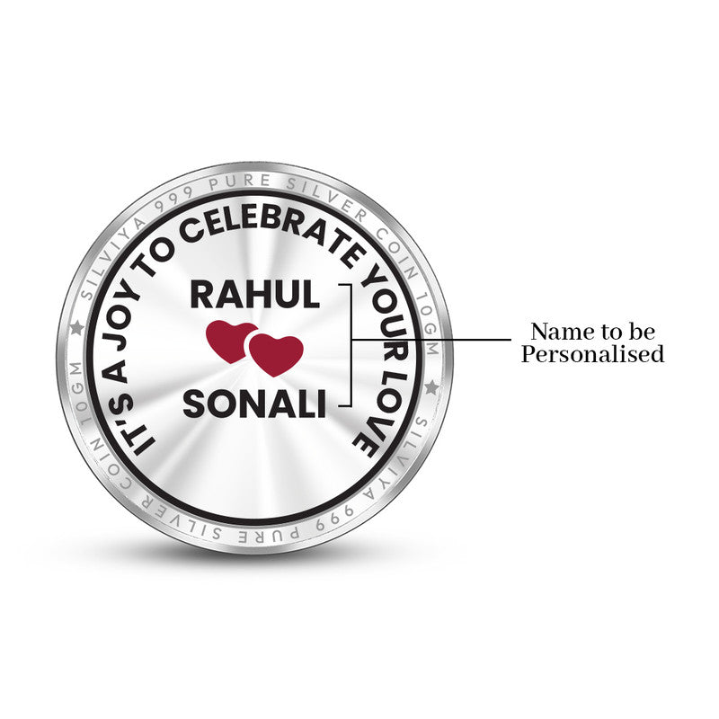 Back side of personalized 999 pure silver round coin with wedding message and heart design.