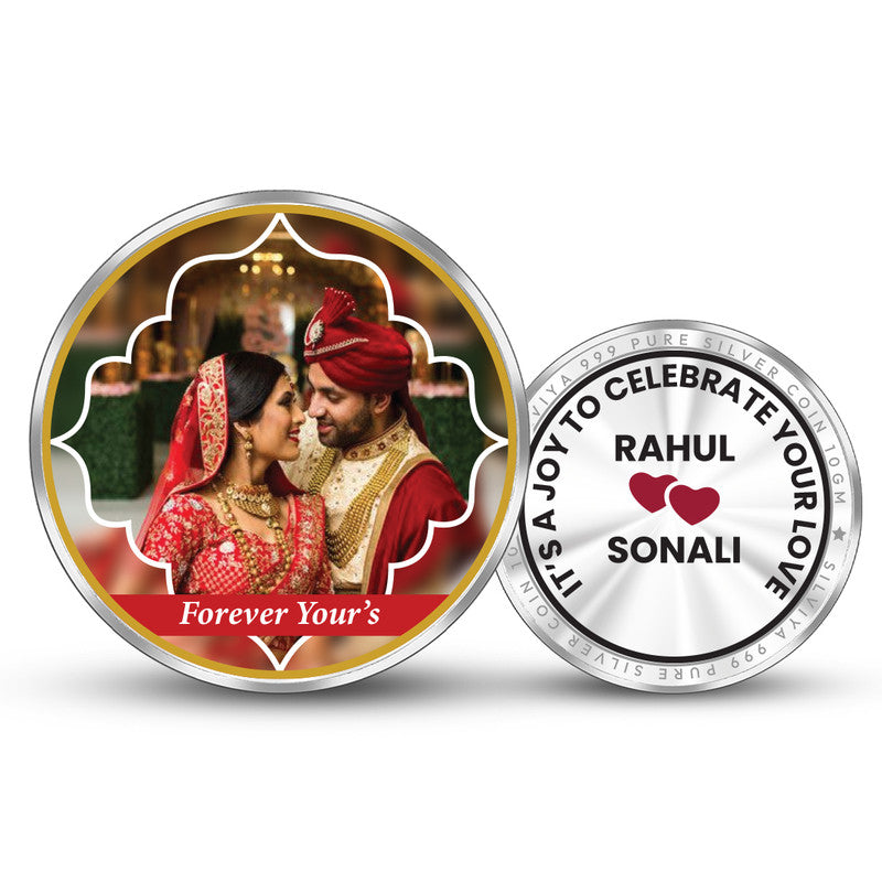 Personalized 999 pure silver round wedding special coin with couple photo — premium custom gift by Silviya
