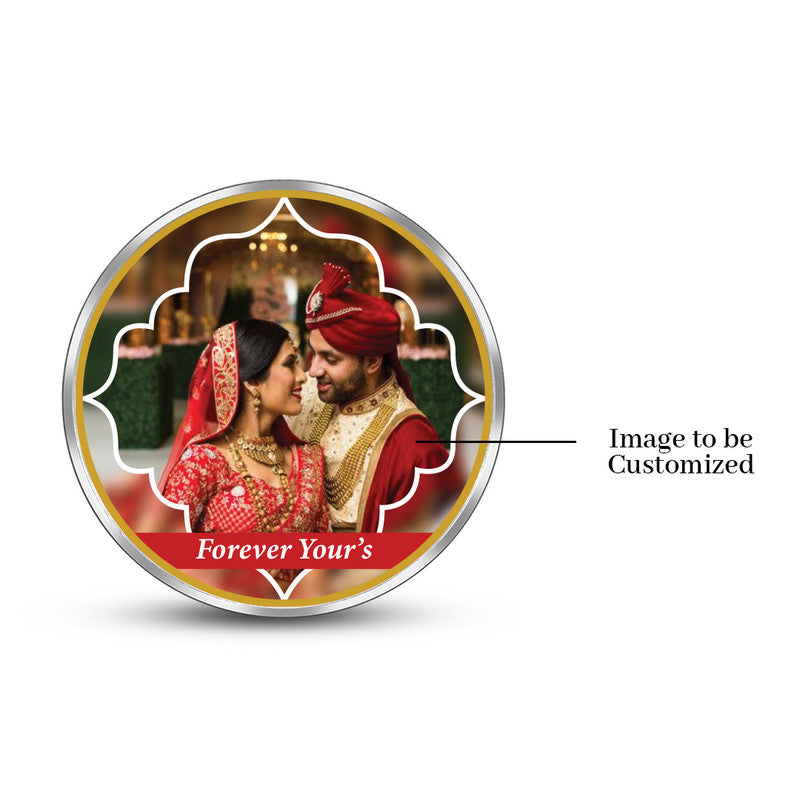 Round pure silver 999 personalized wedding coin featuring couple photo and floral design.