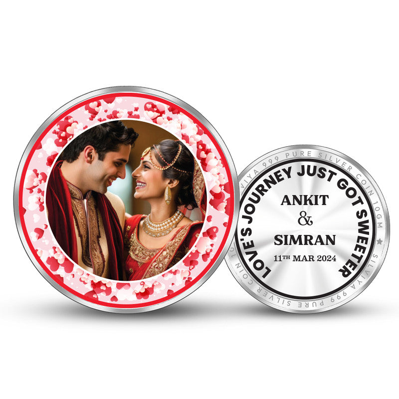 Personalized 999 pure silver round coin with couple photo — luxury custom wedding gift by Silviya.