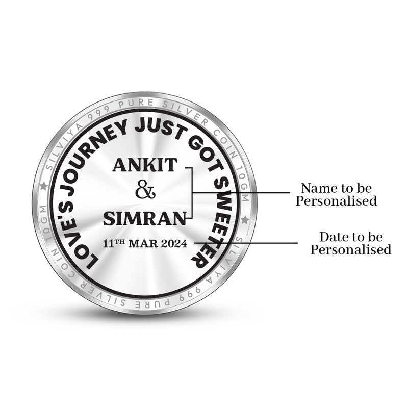 Back side of personalized 999 pure silver round coin with elegant wedding message and heart symbol.