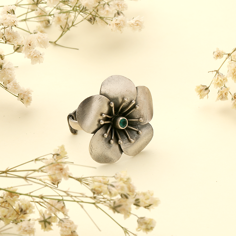 925 Oxidised Five Petals Adjustable Ring