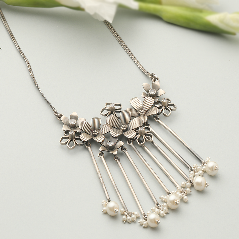 Antique Silver Flower Tassel Necklace