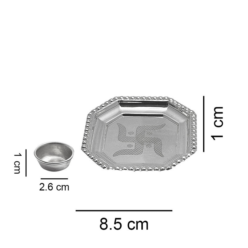 Dimensions of 925 Silver Ashtkon Puja Plate with Swastik Imprint & Katori | Authentic Silver Pooja Item