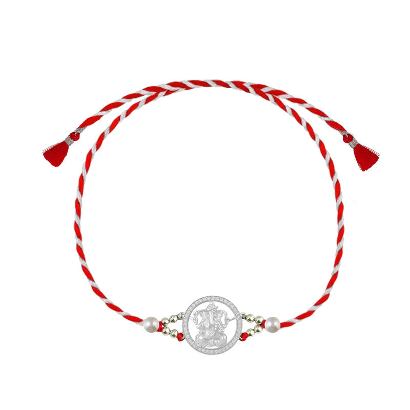 Silver rakhi for brother with Lord Ganpati and stone work – original silver rakhi design with price for Raksha Bandhan