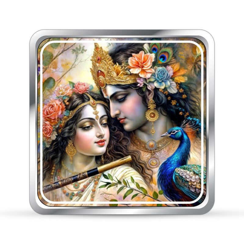 Pure Silver Square Coin Featuring Radha Krishna with Mor Pankh Design – Front Close-Up