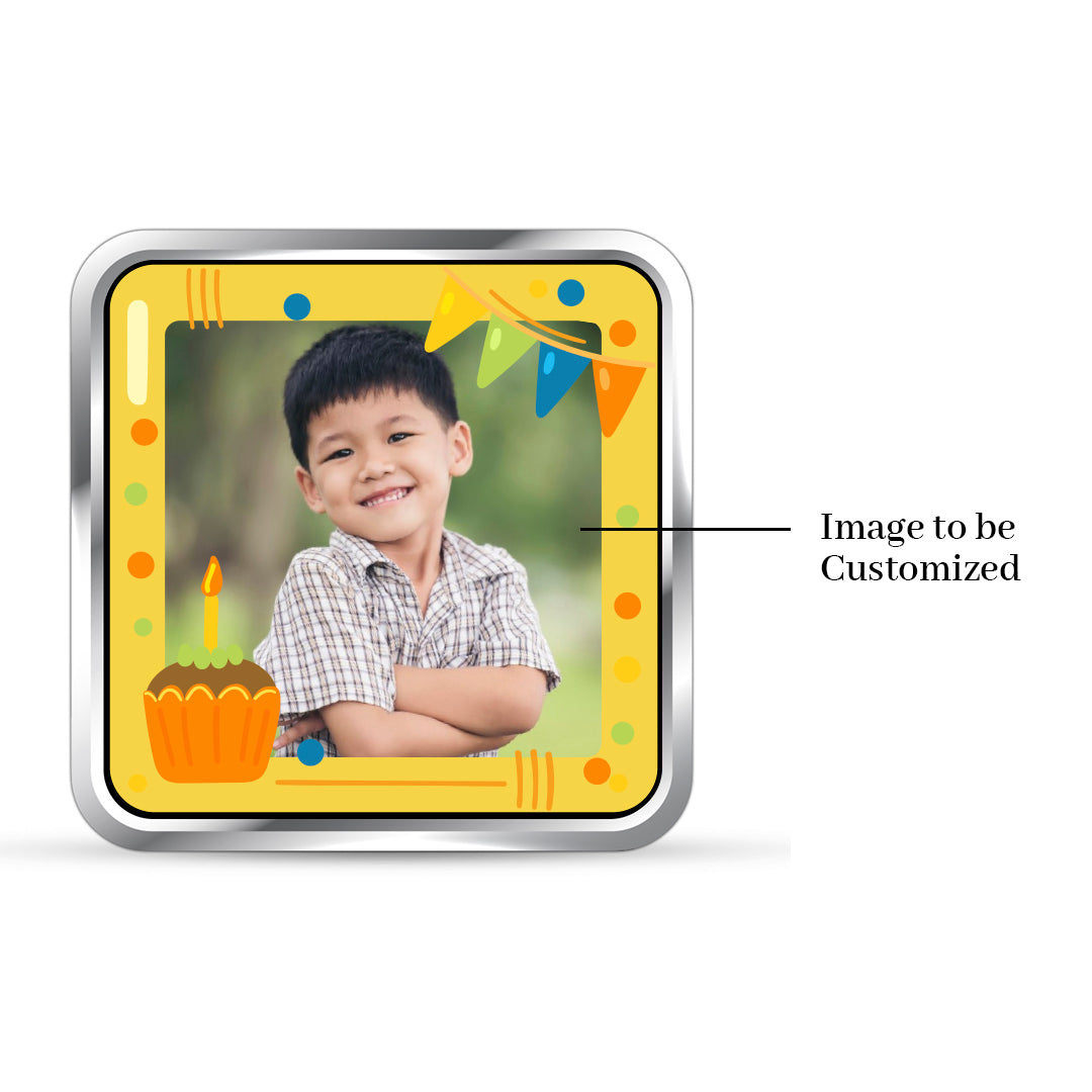 Square 999 silver birthday coin with customised A Gift of Love photo