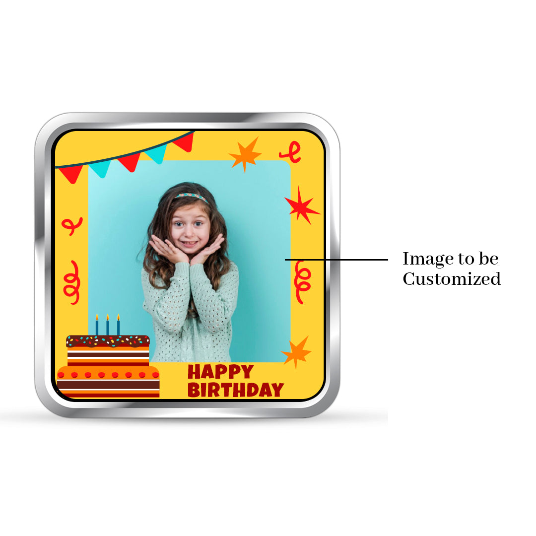 Square 999 silver coin with customised unique birthday memory photo.