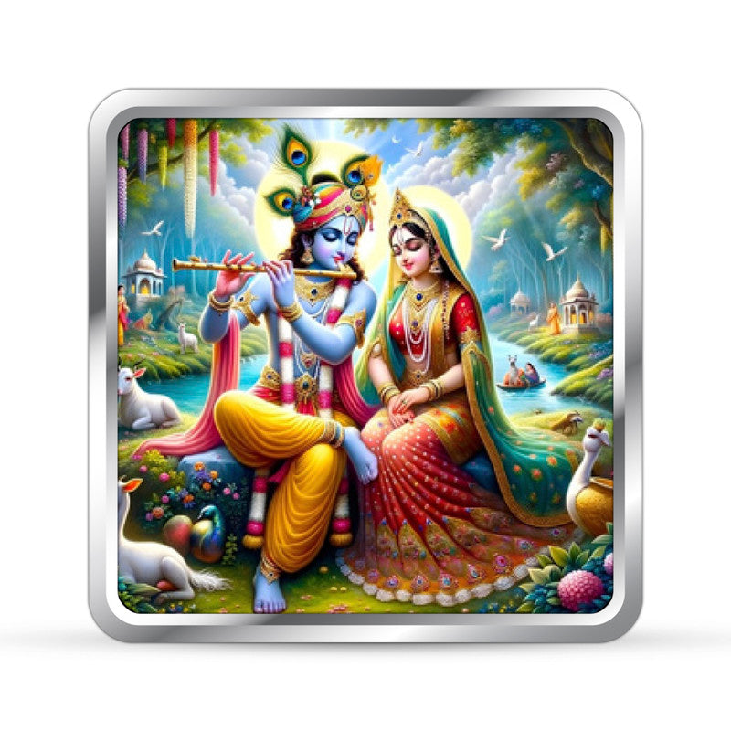 Radha Krishna 999 Pure Silver Coin Spiritual Square Design frontside