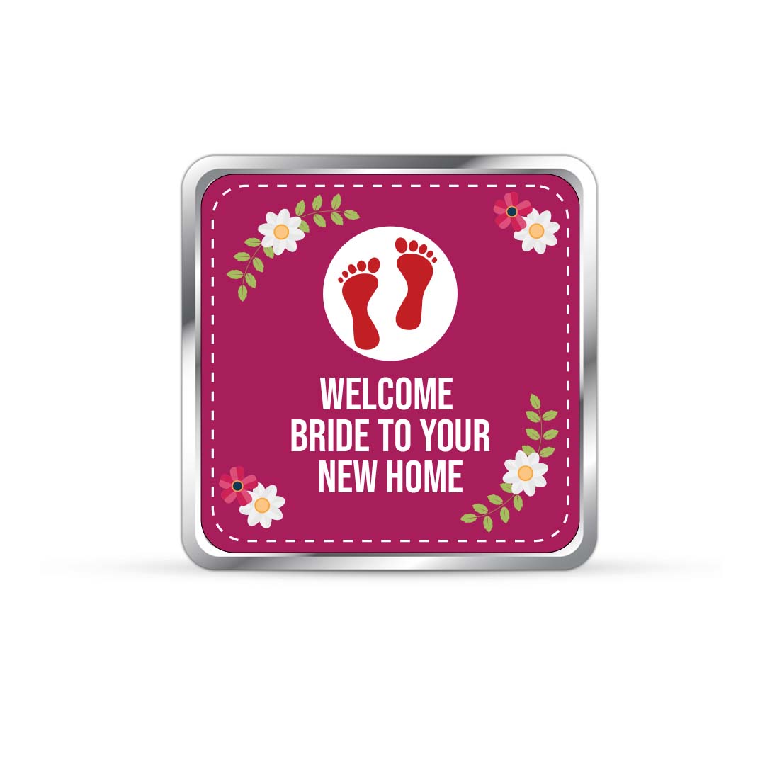 999 pure silver square coin featuring New Bride Welcome design in maroon floral decorative frame