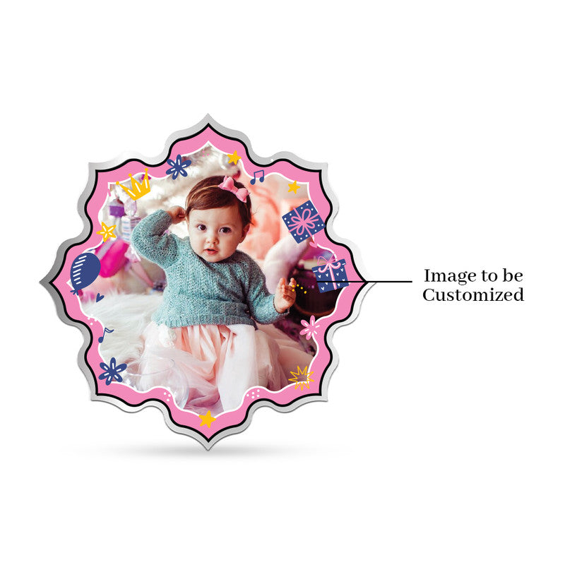 Lotus shape 999 silver coin with customised Pure Joy new baby photo.