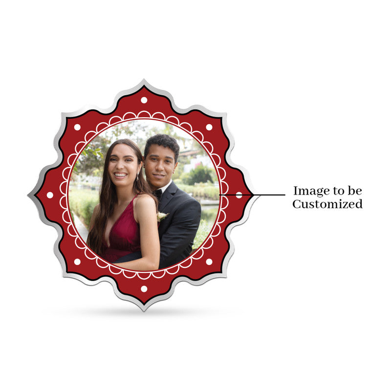 Lotus-shaped 999 pure silver personalized wedding coin featuring couple photo with red and green dazzling design.