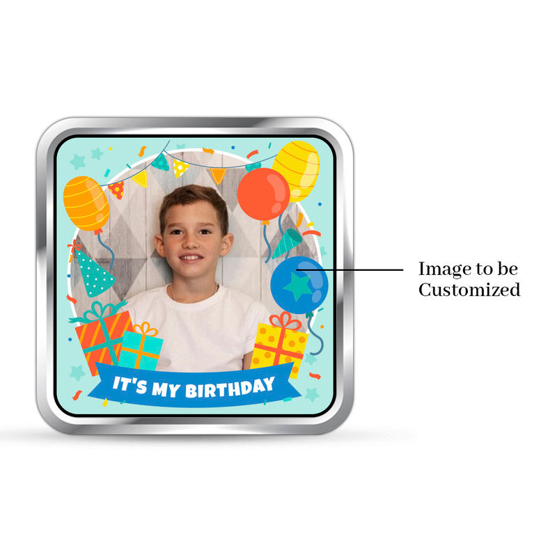 Square 999 pure silver birthday coin with customised photo on front.