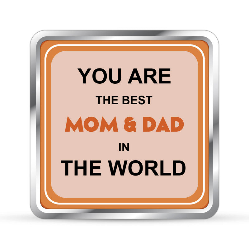 Square 999 silver coin with customised Best Mom and Dad design.