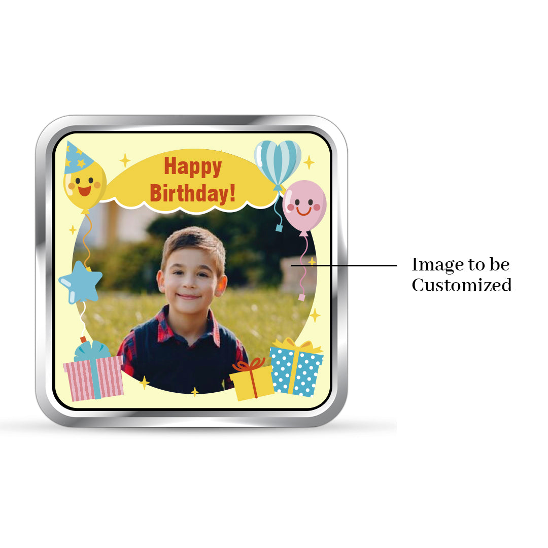 Square 999 silver coin with customised birthday star photo.