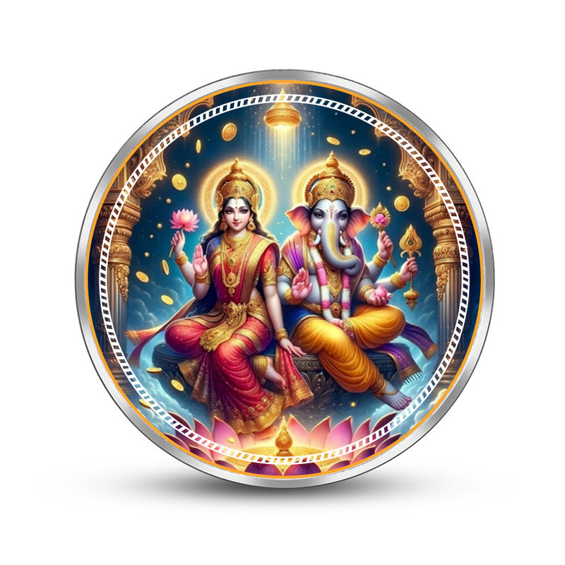 Laxmi Ganesh Ji 999 pure silver coin round shape for Diwali, puja, and festive gifting.