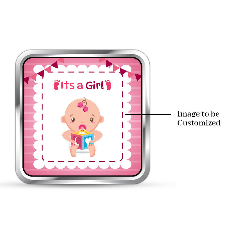 Square 999 silver coin with customised baby girl precious keepsake photo.