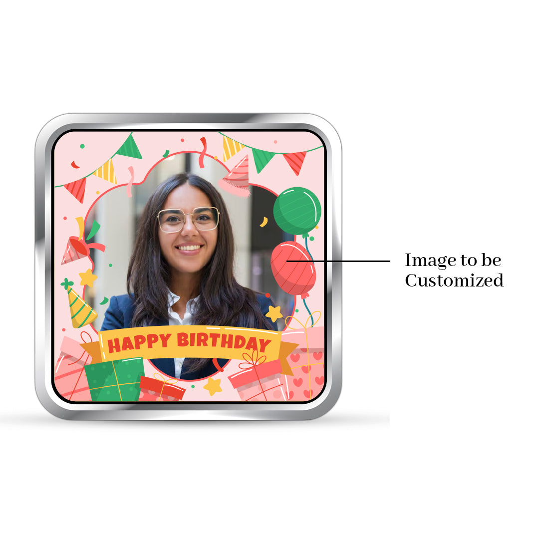 Square 999 silver coin with customised birthday photo.