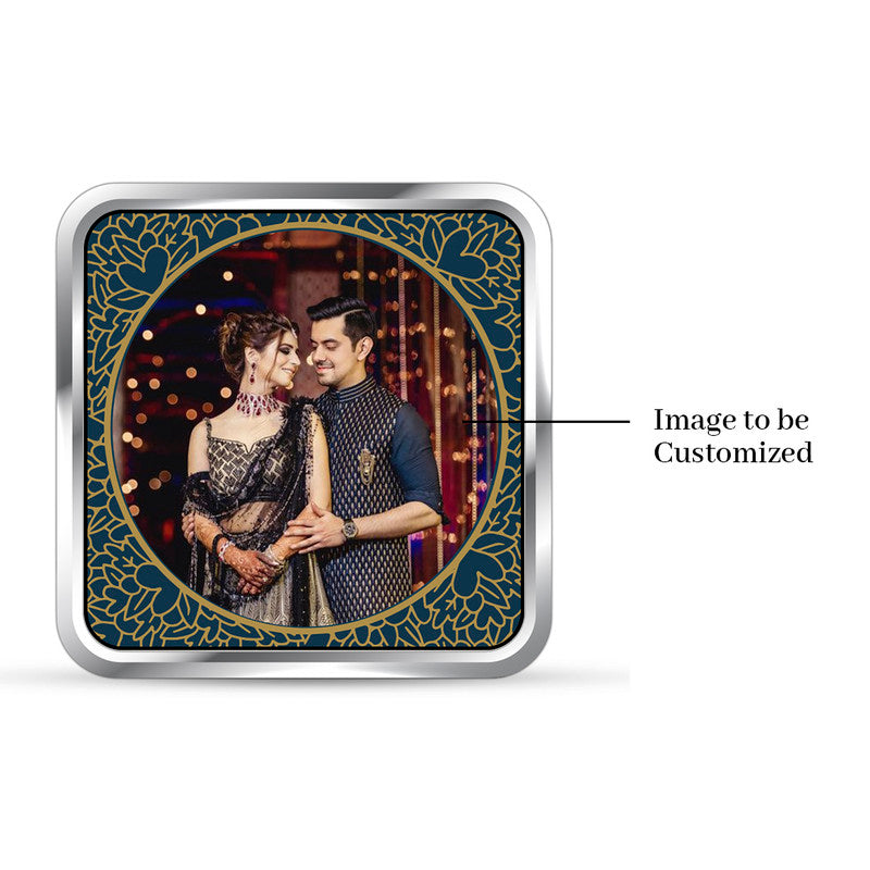Luxury-themed square 999 pure silver personalized wedding coin featuring couple photo in premium green design.