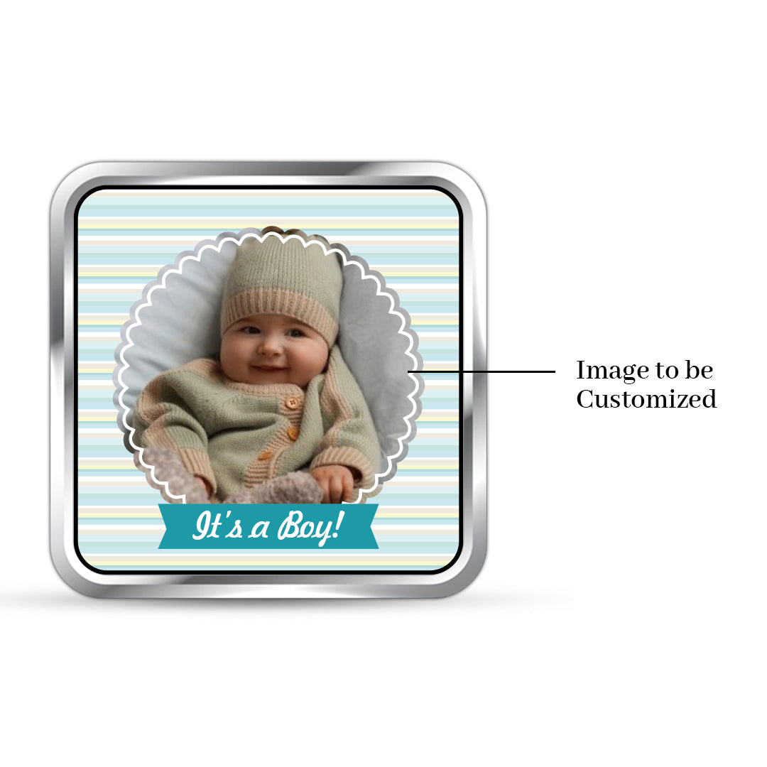 Square 999 silver coin with customised new born baby boy photo.