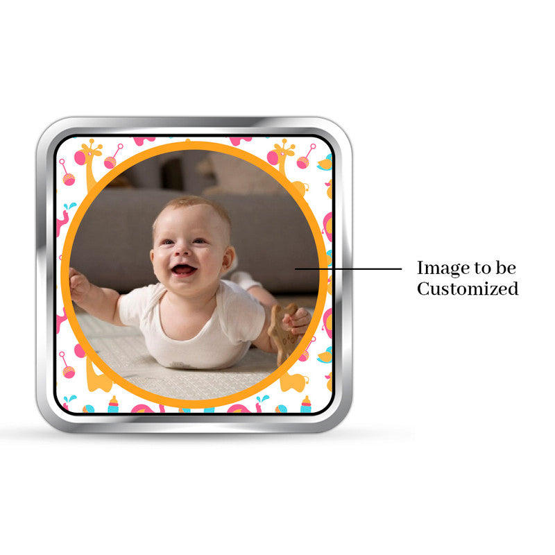 Square 999 silver coin with customised new baby Pure Joy photo.