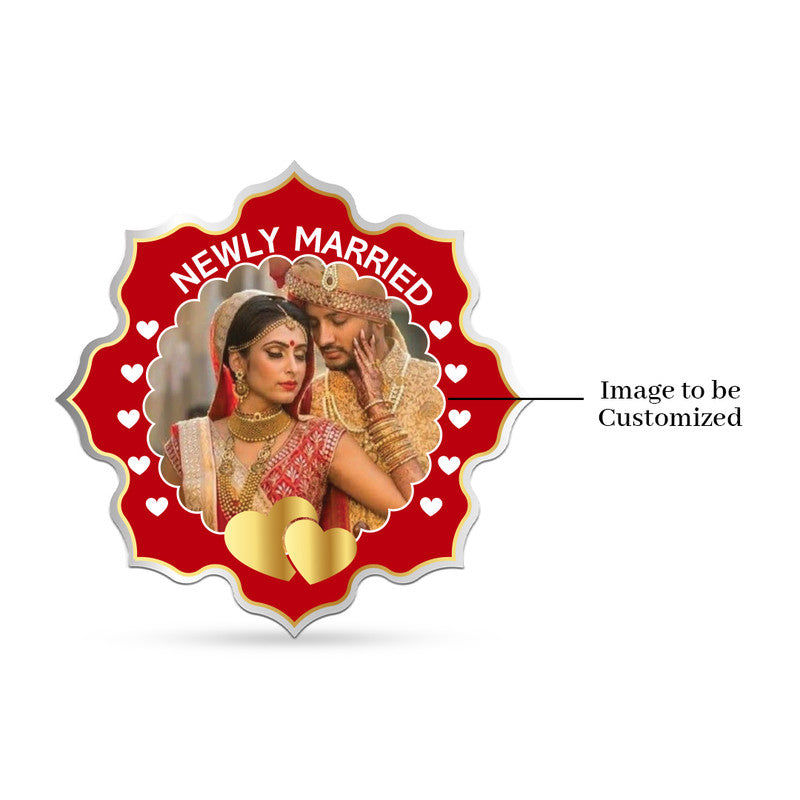 Lotus-shaped 999 pure silver personalized wedding coin featuring couple photo with red floral design.