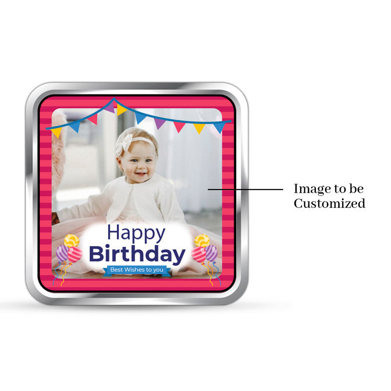 Square 999 silver coin with customised precious birthday photo.