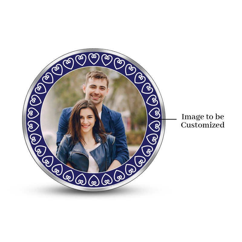 Round pure silver 999 coin with personalized wedding photo front side.