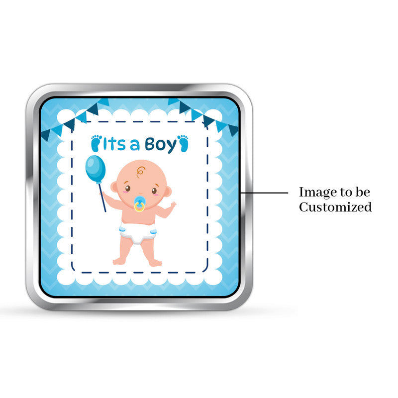 Square 999 silver coin with customised baby boy precious keepsake photo.