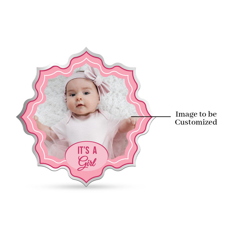 Lotus shape 999 silver coin with customised Celebrate New Life newborn photo.