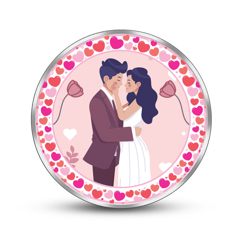 Round pure silver 999 personalized coin featuring couple photo with pink floral wedding design