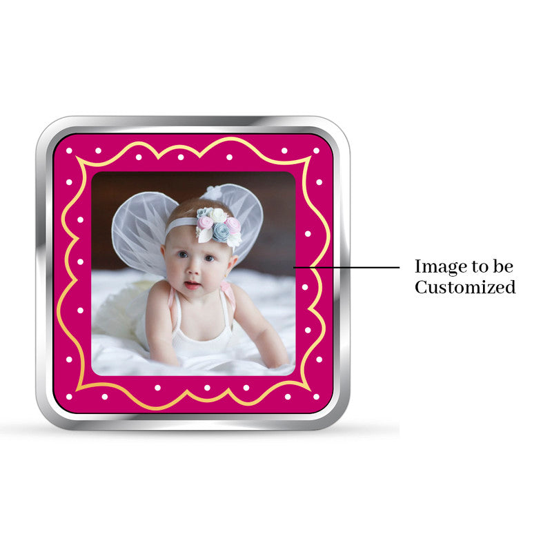 Square 999 silver coin with customised baby girl keepsake photo.