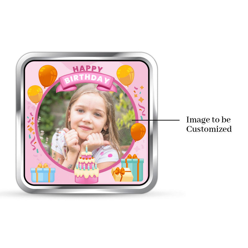 Square 999 silver coin with customised little girl birthday photo.