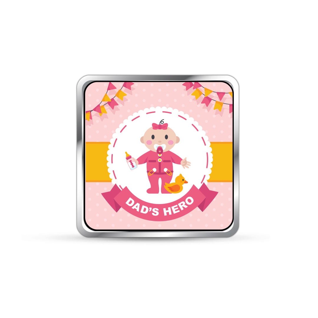 Square 999 silver coin with customised new born baby boy photo.