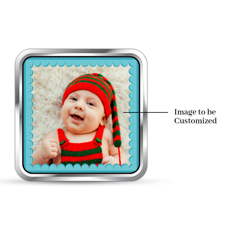 Square 999 silver coin with customised Bundle of Joy baby photo.