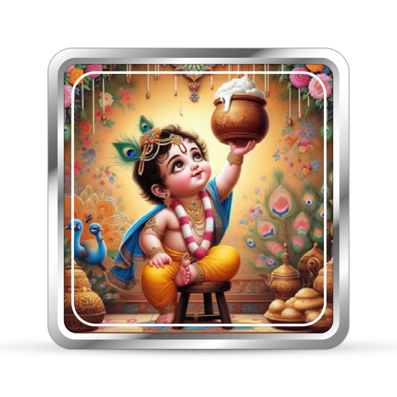 Pure Silver Square Coin Featuring Little Krishna Ji – Front Design Close-Up