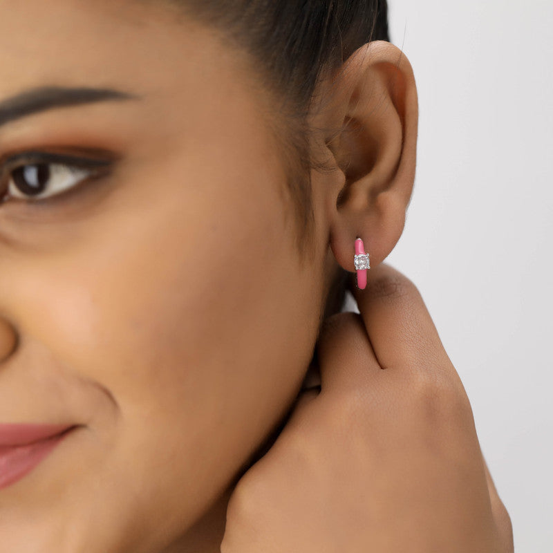 Trendy sterling silver pink gemstone drop earrings on model – perfect festive jewellery for Karva Chauth, Raksha Bandhan, and parties.