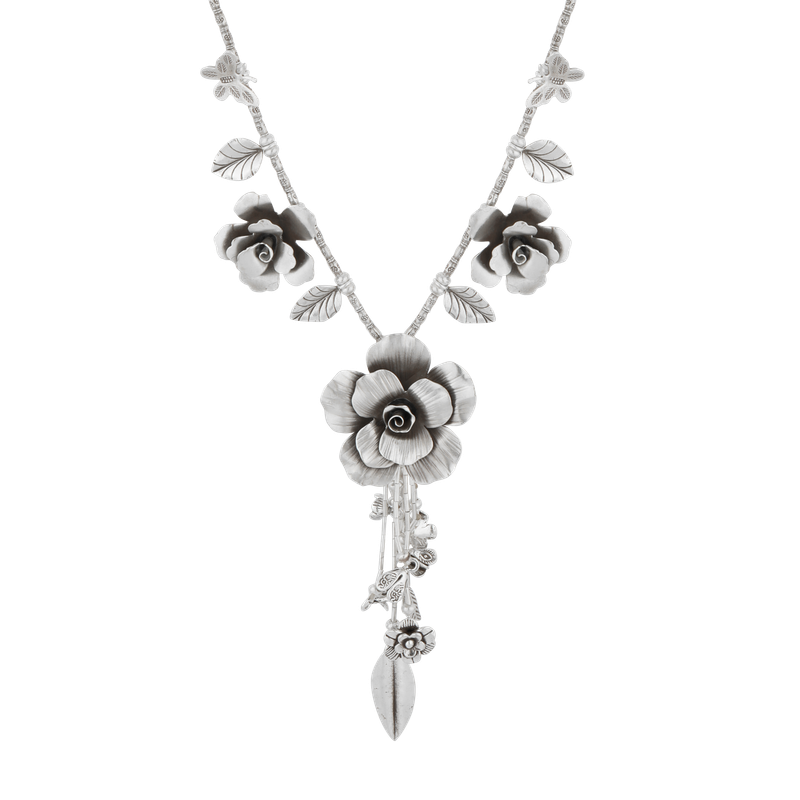 Rose & Butterfly Oxidized Silver Necklace
