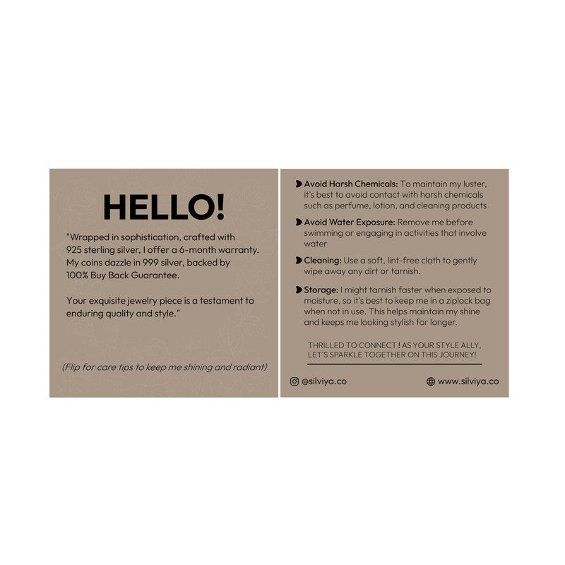 Jewelry care instruction card for Silviya 925 silver jewelry and 999 silver coins with warranty and maintenance tips