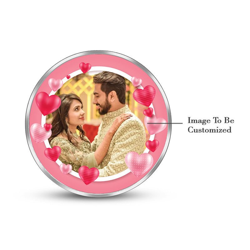 Round pure silver 999 personalized wedding coin featuring couple photo with floral decorative frame