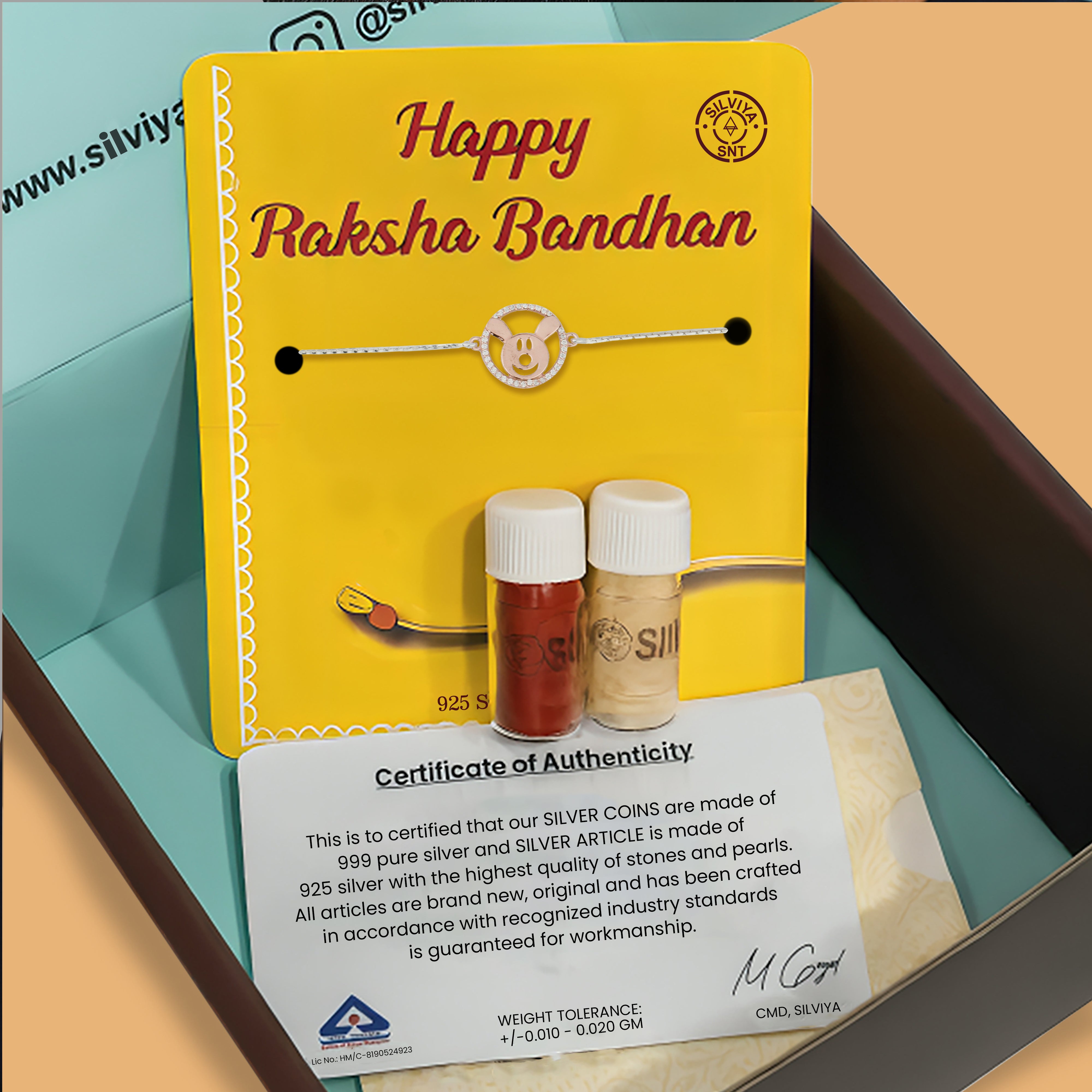 925 silver teddy rakhi gift set for Raksha Bandhan with roli chawal and certificate of authenticity from Silviya