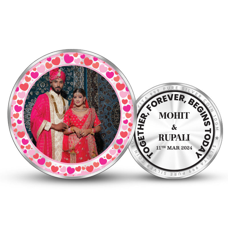 Personalized 999 pure silver round coin with couple photo — unique custom wedding gift by Silviya.
