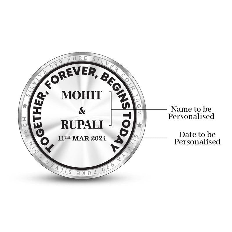 Back view of personalized 999 pure silver round coin with wedding message and heart design.