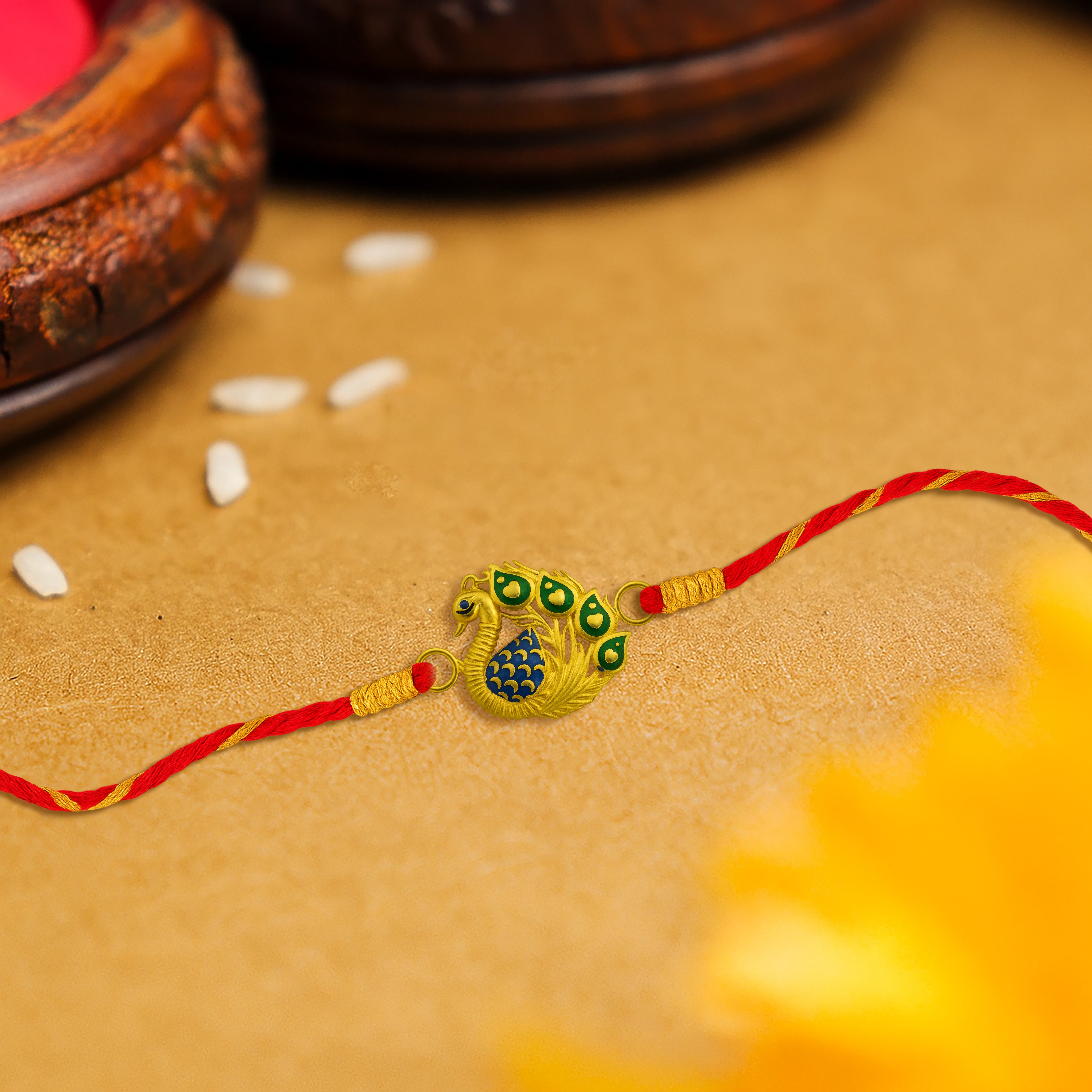 Silver rakhi for brother with peacock Meena art – original silver rakhi design with price for Raksha Bandhan