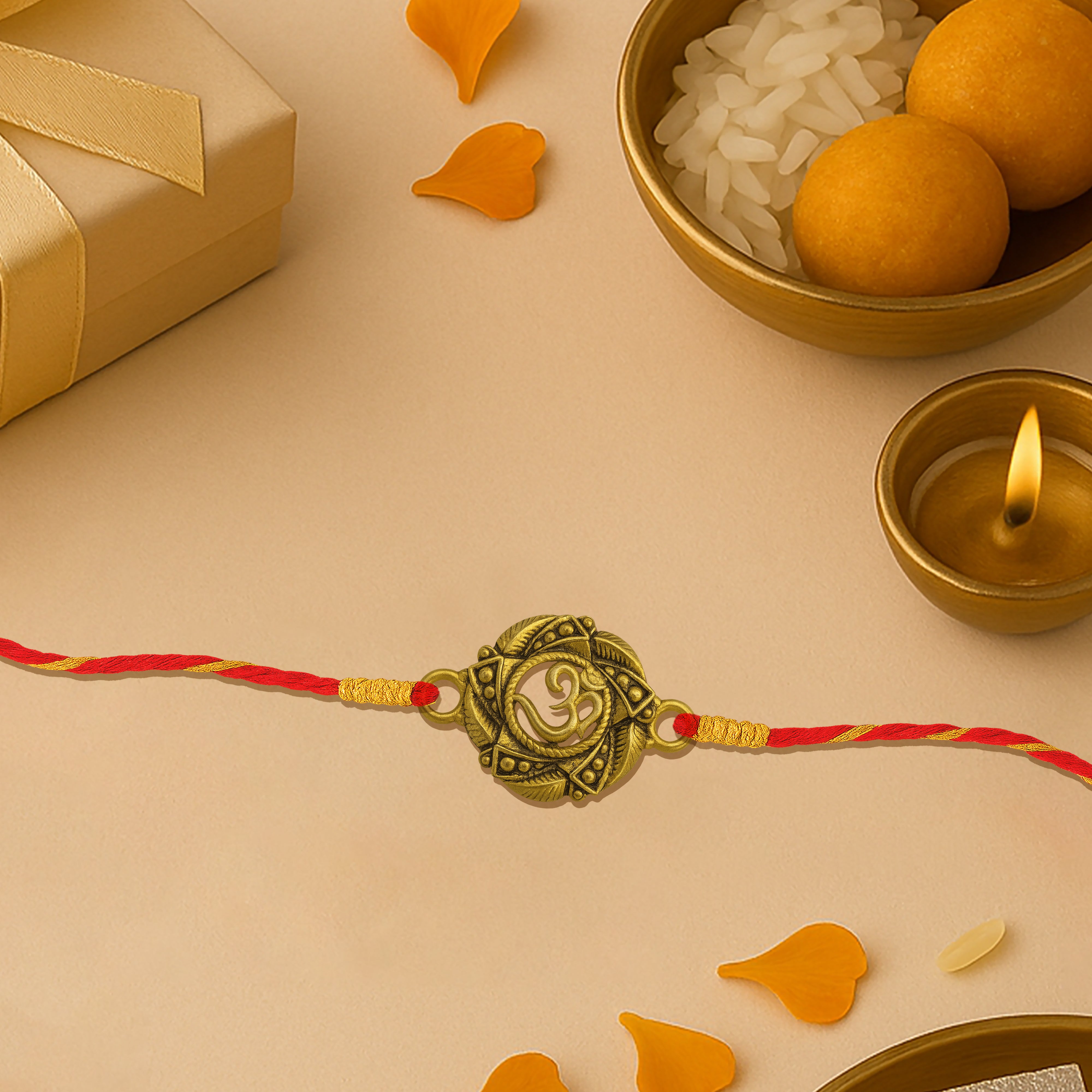 Silver rakhi for brother with Om and leaf design – original silver rakhi design with price for Raksha Bandhan